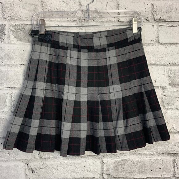 Vintage 90s Y2K Pleated Grey Black Plaid Wrap Mini Skirt - Picture 6 of 11